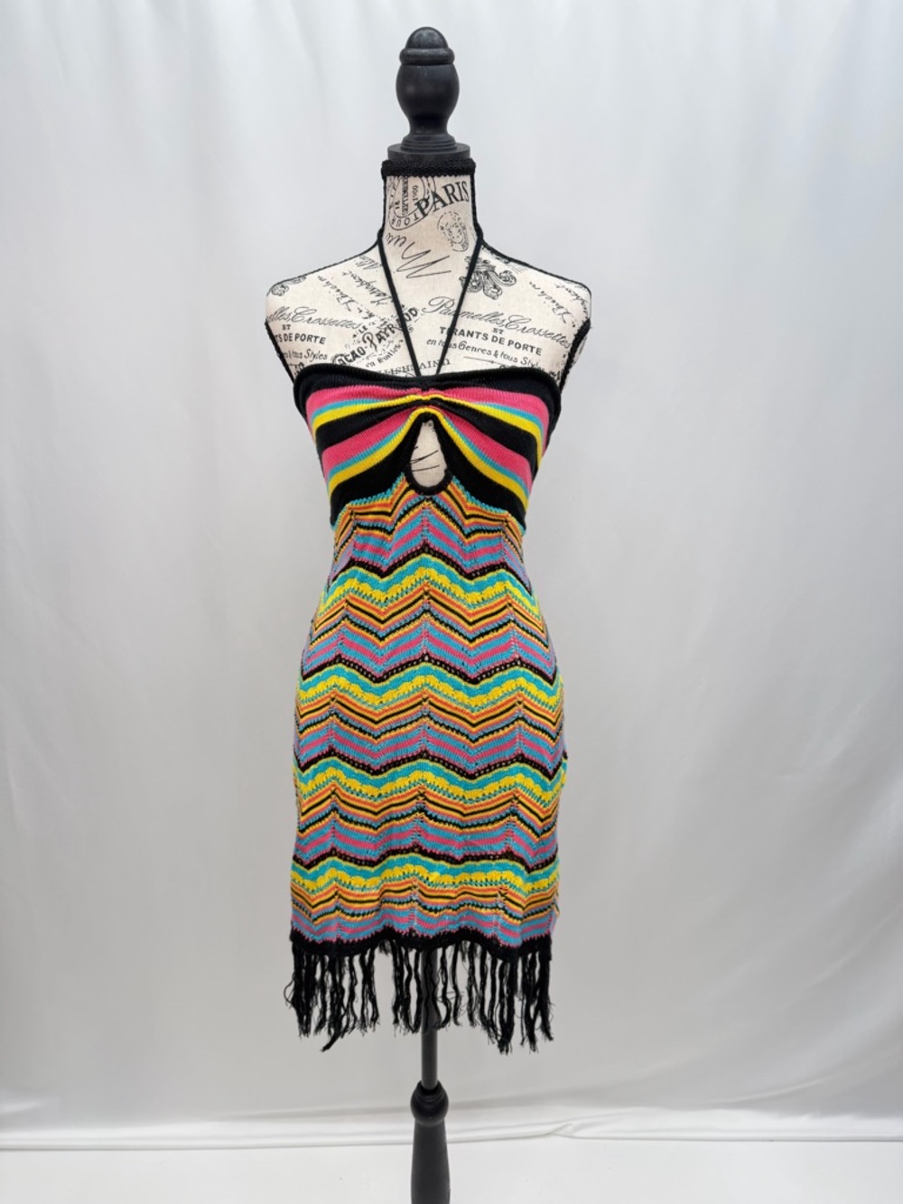 Almost Famous Multicolor Chevron Strapless Crochet Dress with Black Fringe